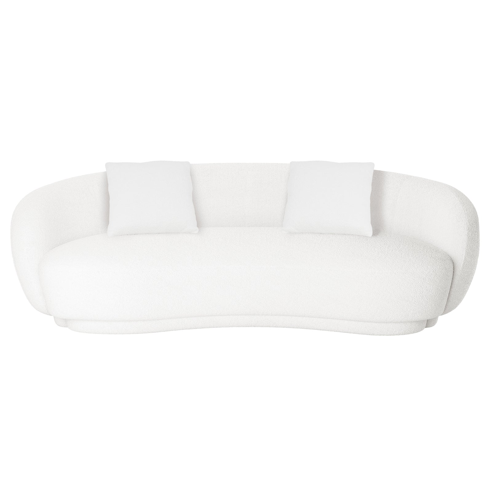 Janelle 191cm Boucle 3-Seater Curved Sofa featuring a plush cream-white bouclé upholstery, elegant curved design with armrests, and matching pillows, ideal for modern minimalist interiors.