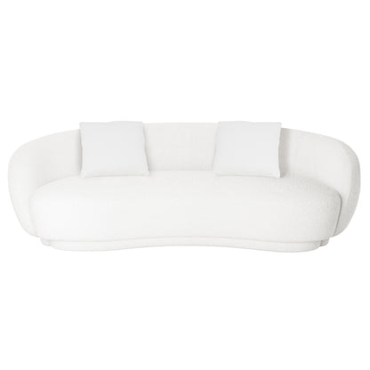 Janelle 191cm Boucle 3-Seater Curved Sofa featuring a plush cream-white bouclé upholstery, elegant curved design with armrests, and matching pillows, ideal for modern minimalist interiors.