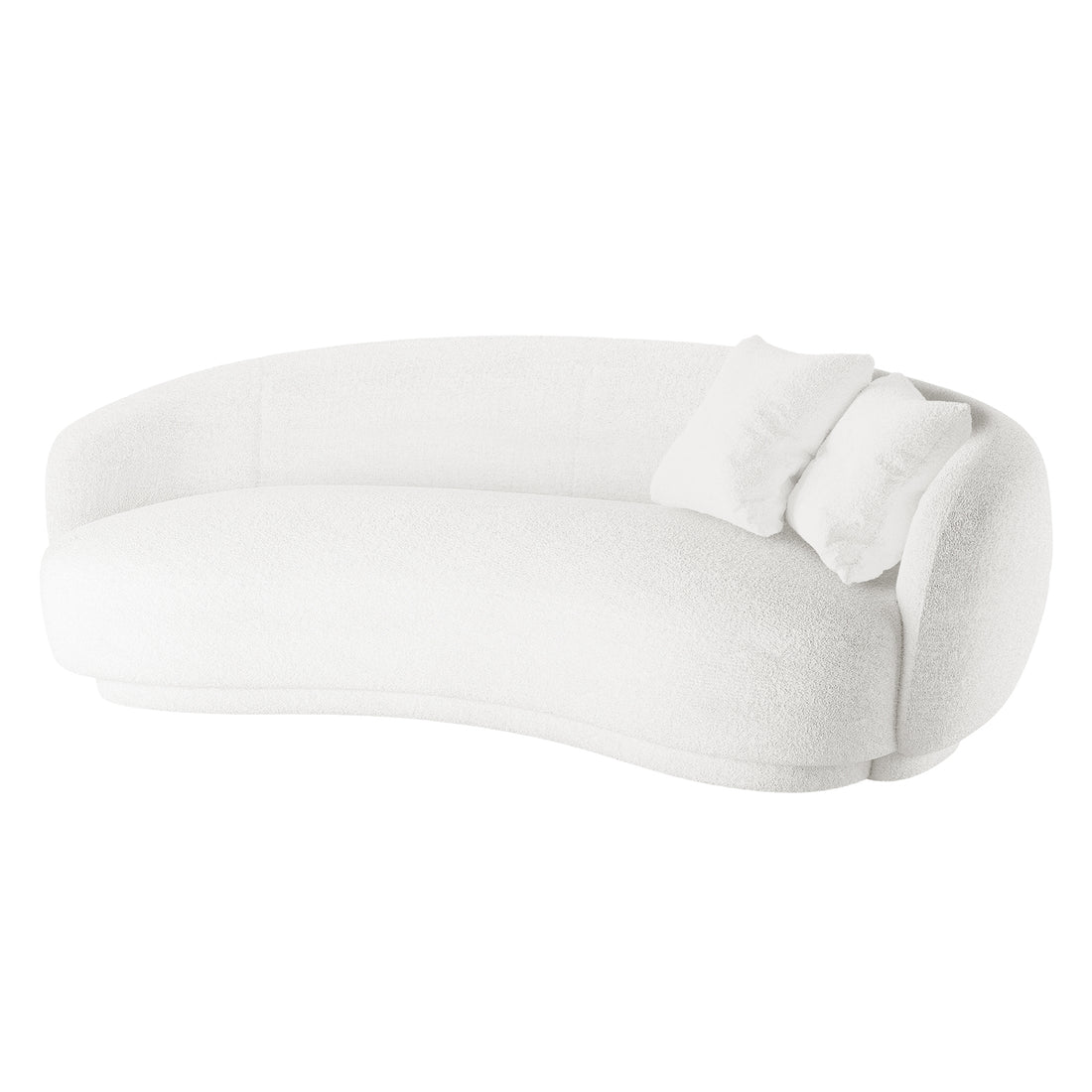 Janelle 191cm Boucle 3-Seater Curved Sofa - Cream White shown with plush cushions, showcasing its modern curved design, bouclé fabric texture, and spacious seating for contemporary home interiors.