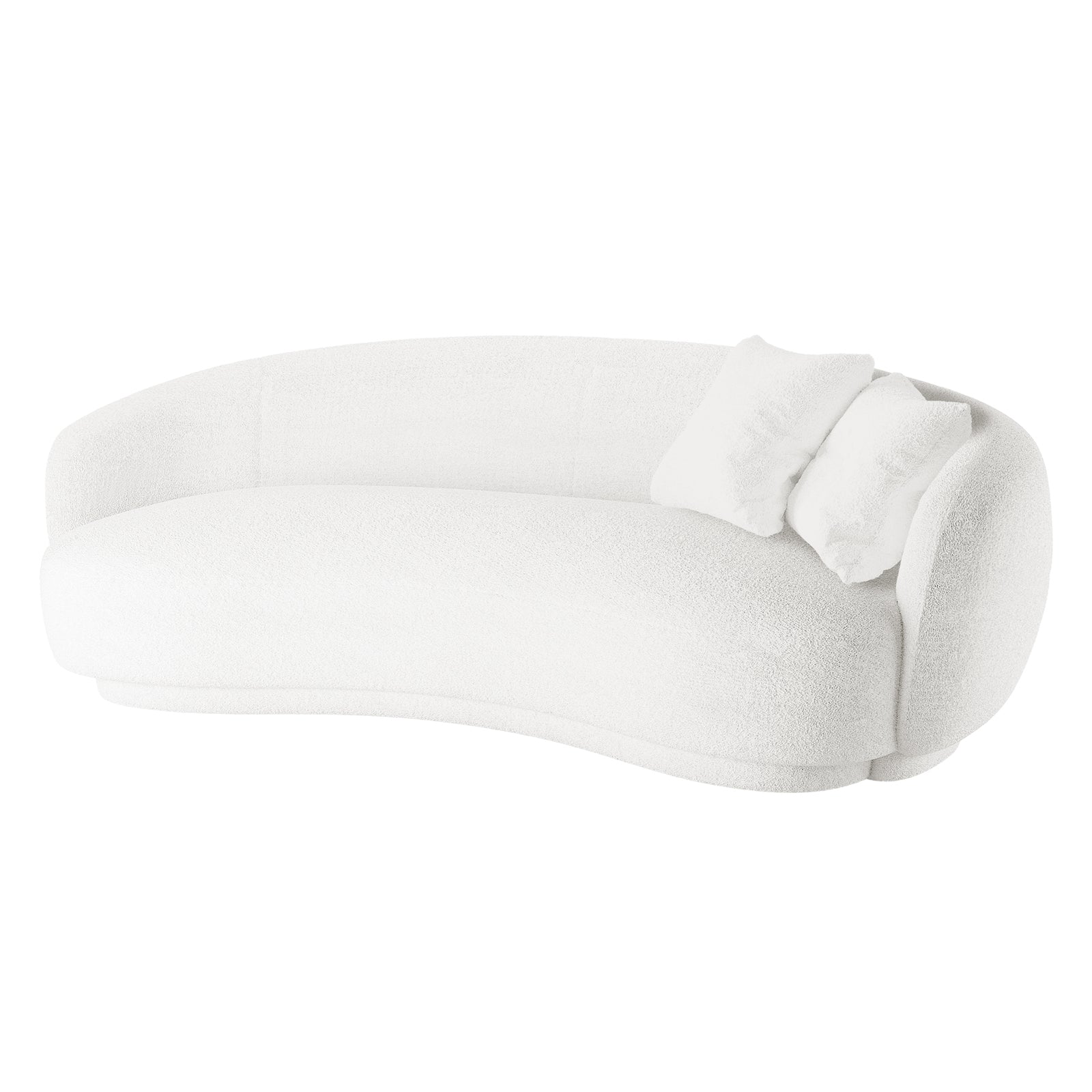 Janelle 191cm Boucle 3-Seater Curved Sofa - Cream White shown with plush cushions, showcasing its modern curved design, bouclé fabric texture, and spacious seating for contemporary home interiors.