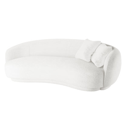 Janelle 191cm Boucle 3-Seater Curved Sofa - Cream White shown with plush cushions, showcasing its modern curved design, bouclé fabric texture, and spacious seating for contemporary home interiors.