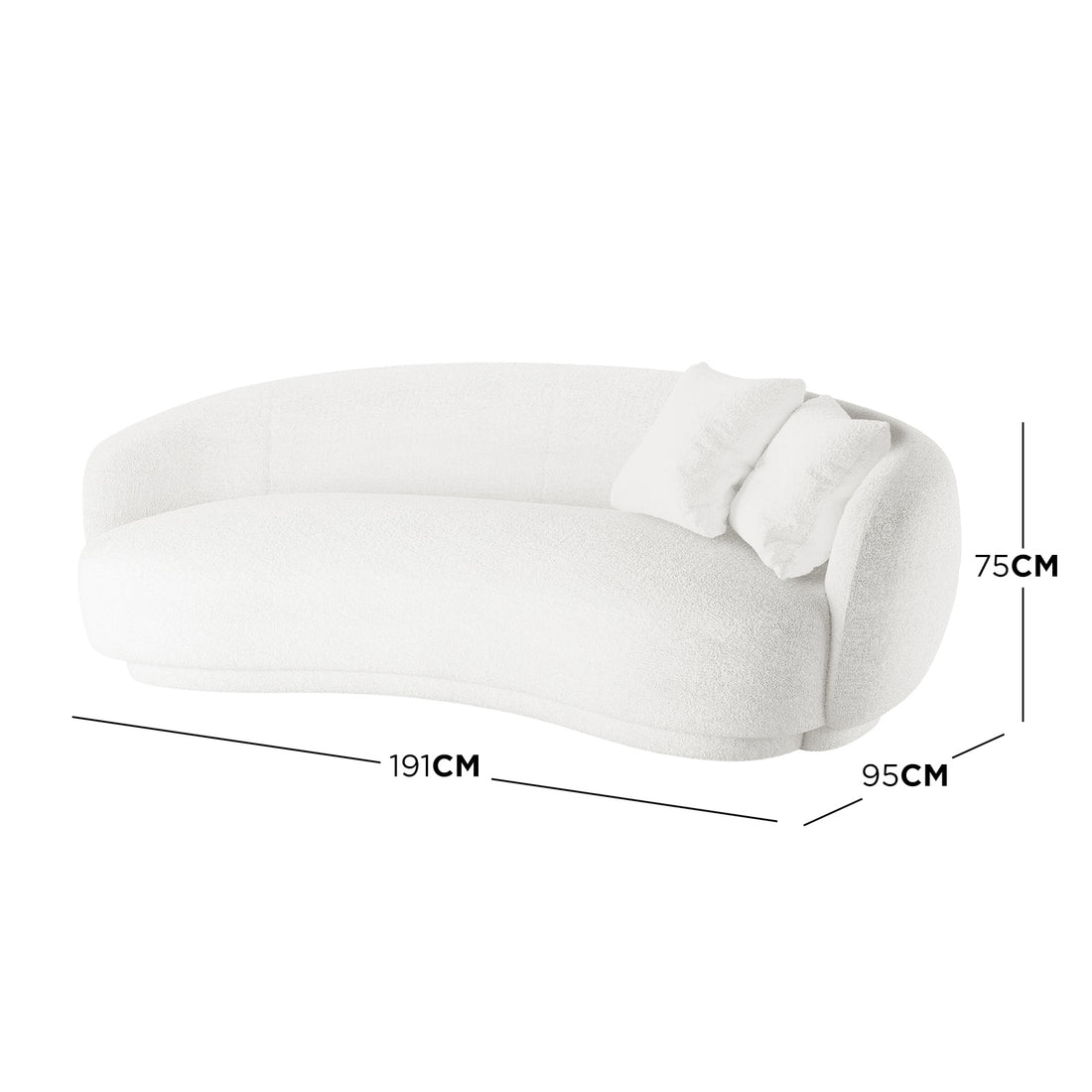 Janelle 191cm Bouclé 3-Seater Curved Sofa in cream white, showcasing its chic curved silhouette, plush bouclé upholstery, and ergonomic design with two matching cushions for added comfort.