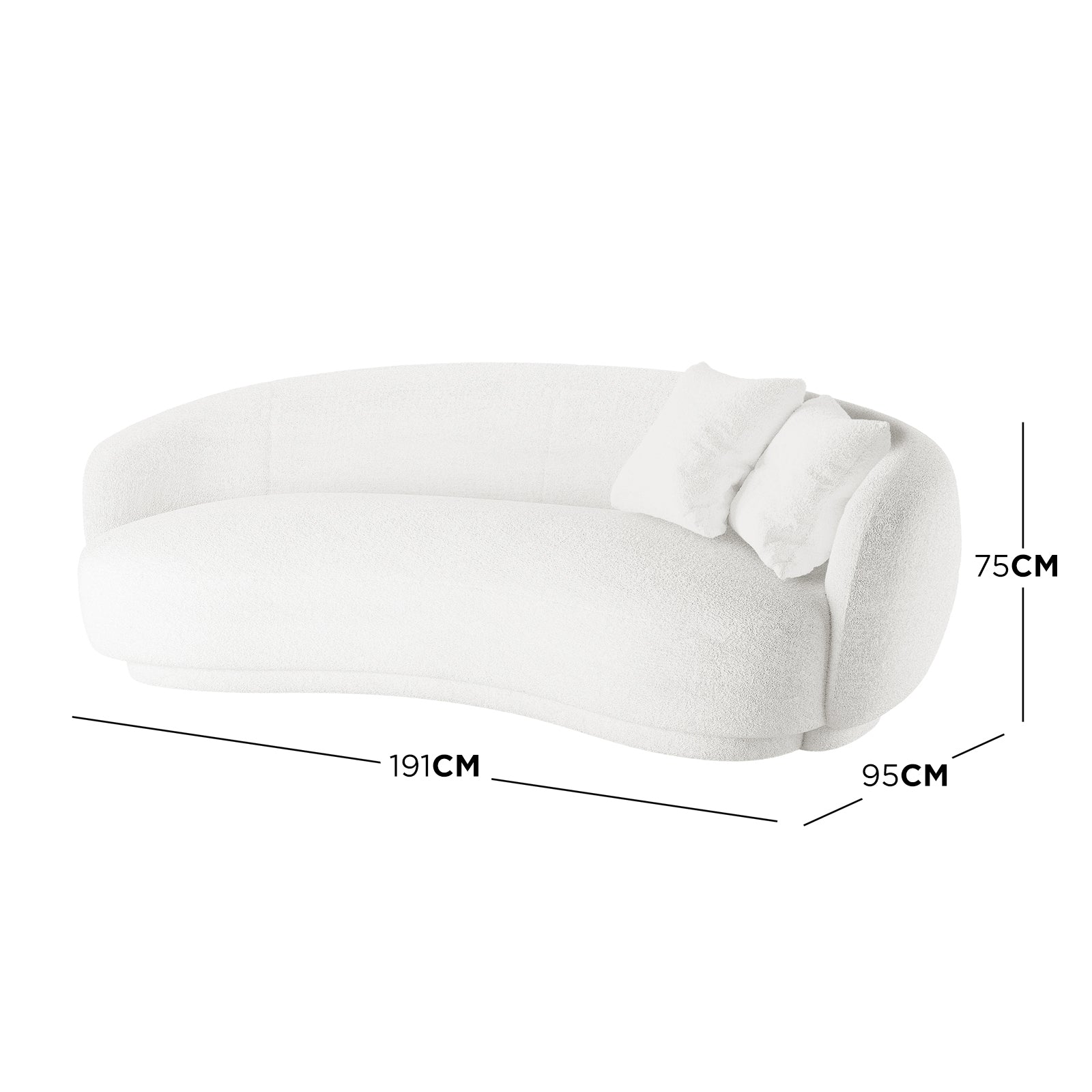 Janelle 191cm Bouclé 3-Seater Curved Sofa in cream white, showcasing its chic curved silhouette, plush bouclé upholstery, and ergonomic design with two matching cushions for added comfort.