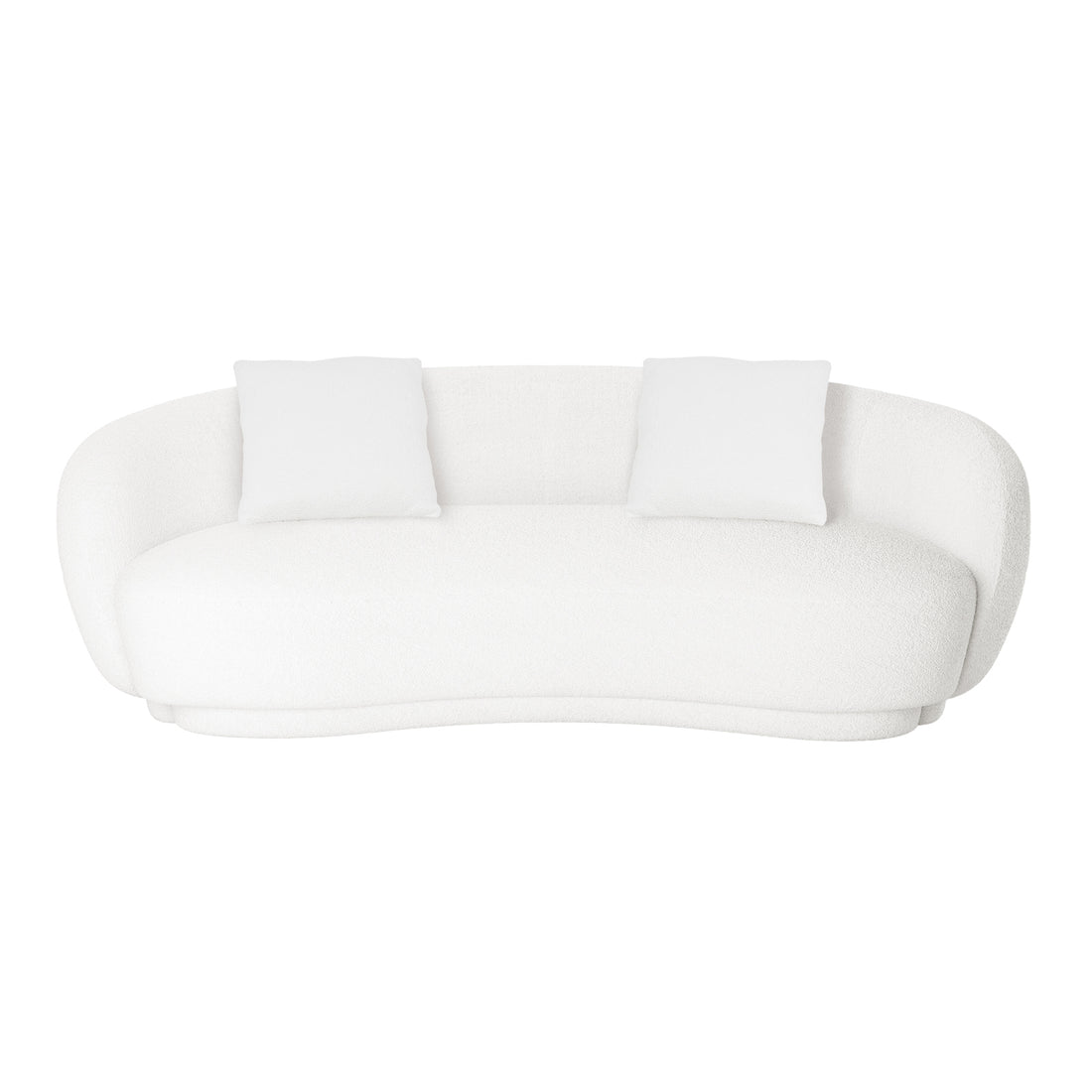 Janelle 191cm Boucle 3-Seater Curved Sofa features a cream-white fabric with soft cushions, showcasing a modern curved silhouette and plush texture, perfect for contemporary interiors.