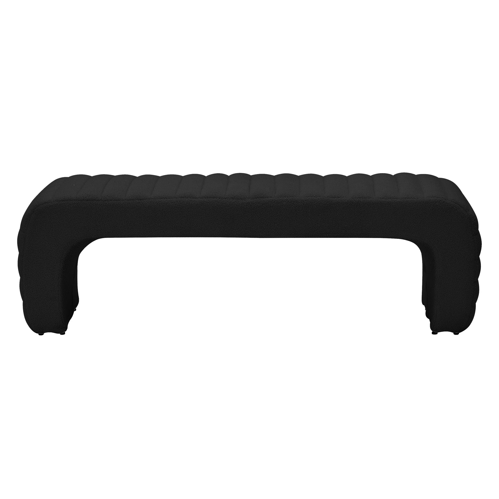 Josie Curved Boucle Fabric Bench Seat in Black features a modern, low-profile design with ribbed tufting and inward-curving legs creating an arch-style profile, set against a plain white background.