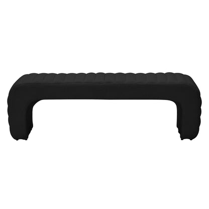 Josie Curved Boucle Fabric Bench Seat in Black features a modern, low-profile design with ribbed tufting and inward-curving legs creating an arch-style profile, set against a plain white background.