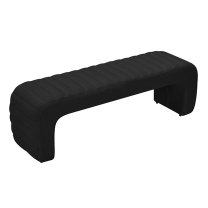 The Josie Curved Boucle Fabric Bench Seat in Black features a long, low-profile design with horizontal channel tufting, sleek U-shaped legs, and a modern, sophisticated silhouette.