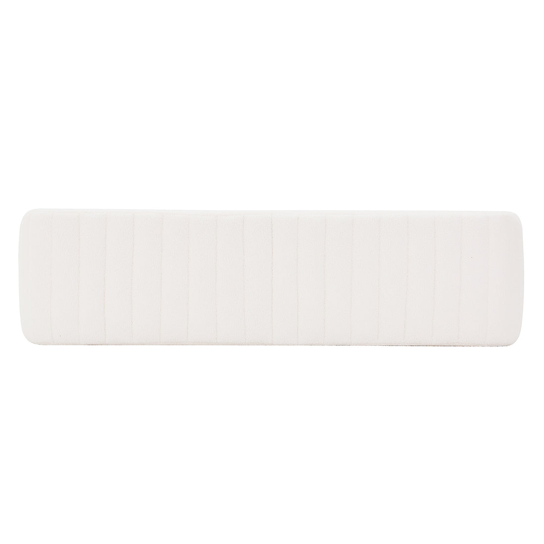 Josie Curved Boucle Fabric Bench Seat in Cream White, showcasing a long, rectangular bolster pillow with textured white fabric on a plain backdrop, highlighting its stylish and modern aesthetic.