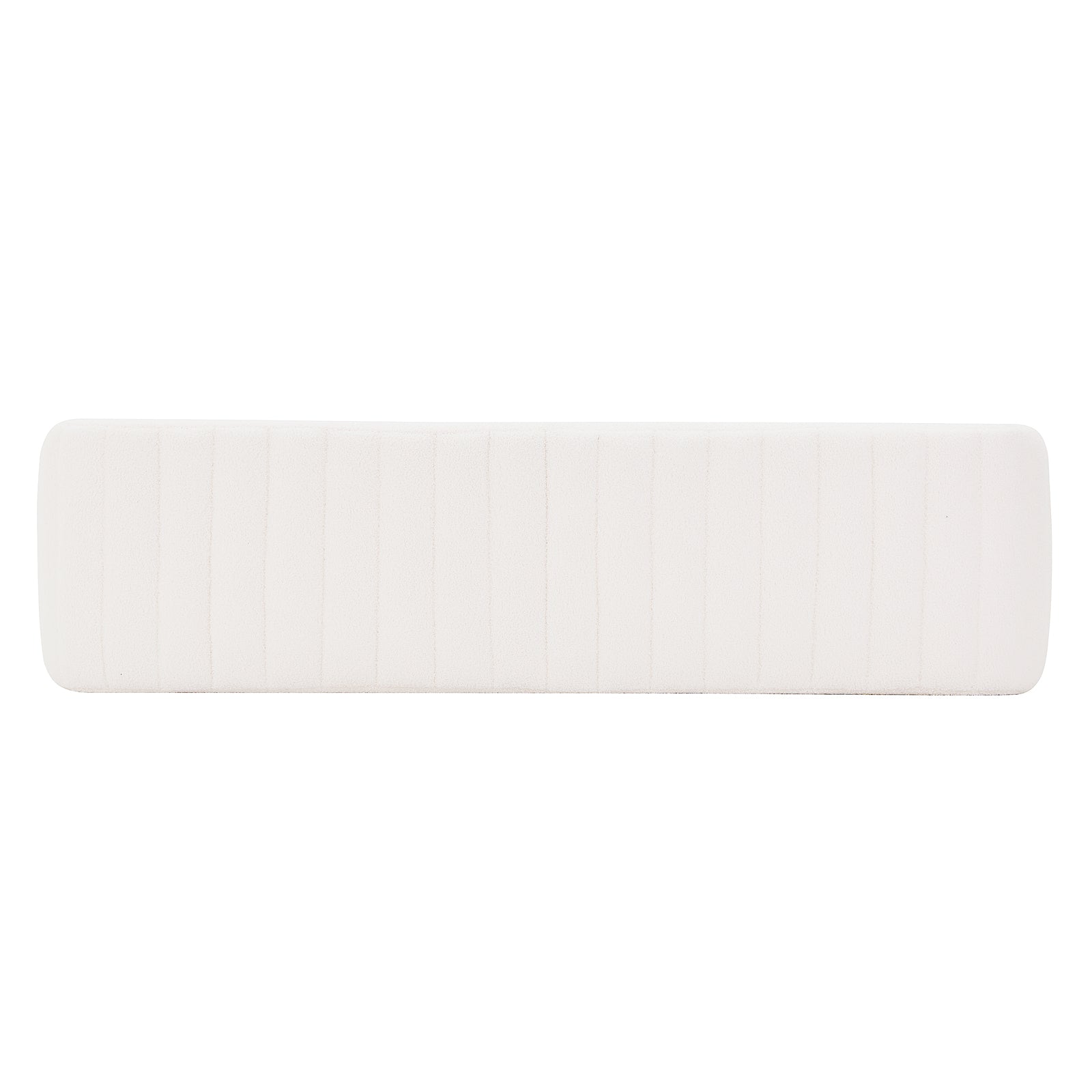 Josie Curved Boucle Fabric Bench Seat in Cream White, showcasing a long, rectangular bolster pillow with textured white fabric on a plain backdrop, highlighting its stylish and modern aesthetic.