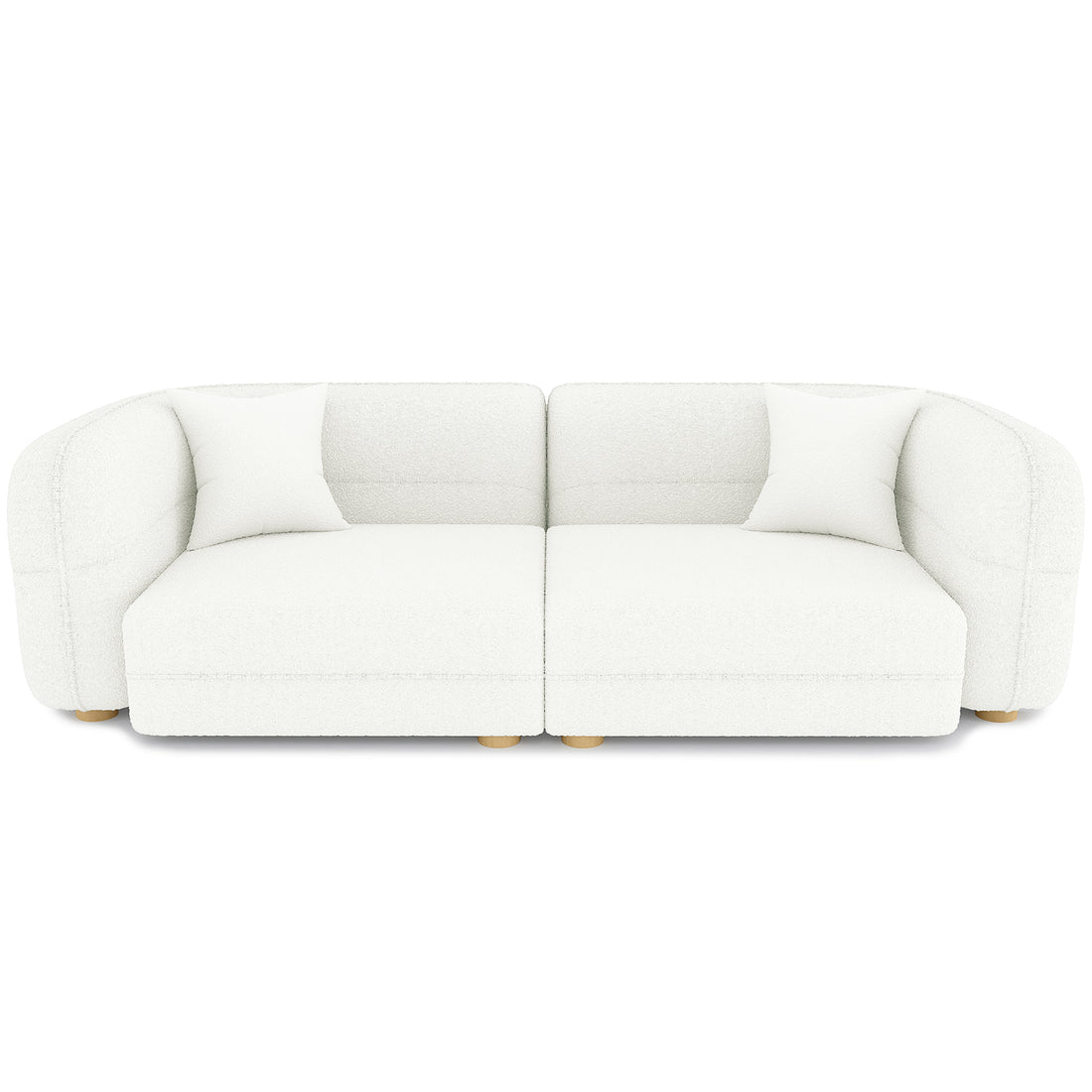 Kaelyn 3 Seater Modular Boucle Sofa with Pillows in Cream, featuring two armless seat modules with rounded backs, upholstered in luxurious bouclé fabric, and supported by short, turned wooden feet.