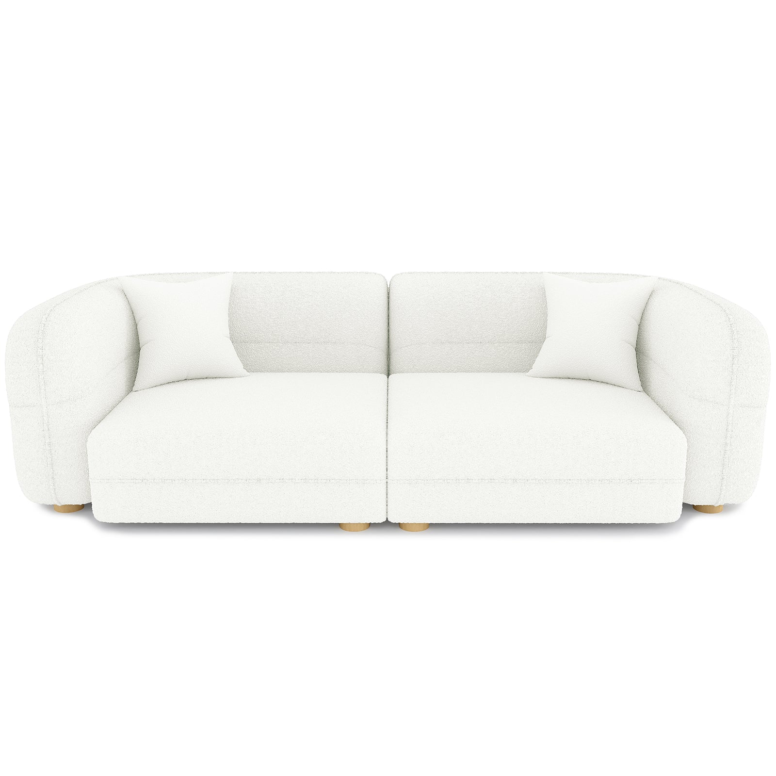 Kaelyn 3 Seater Modular Boucle Sofa with Pillows in Cream, featuring two armless seat modules with rounded backs, upholstered in luxurious bouclé fabric, and supported by short, turned wooden feet.