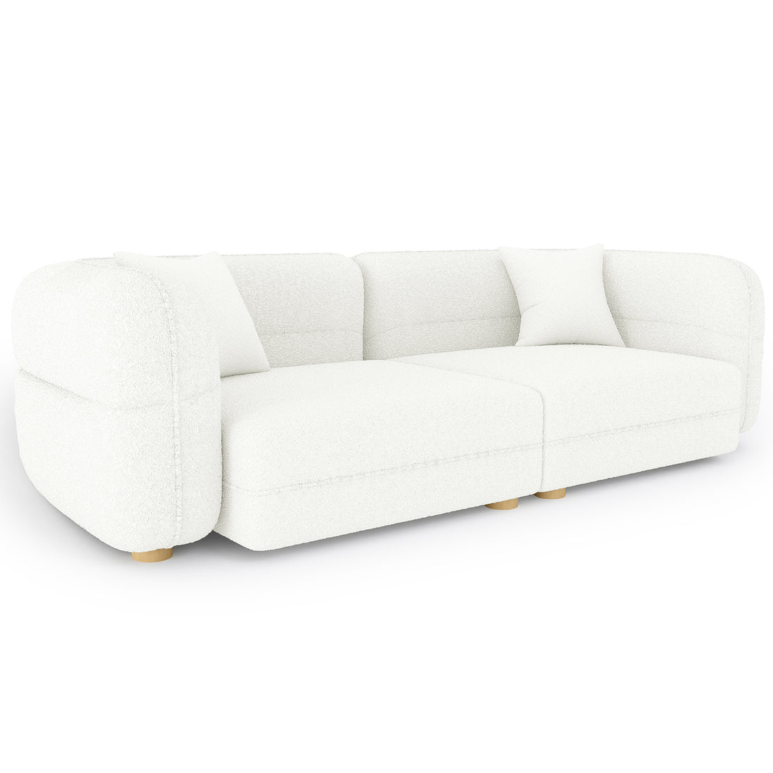 Kaelyn 3 Seater Modular Boucle Sofa with Pillows in Cream, featuring a low-profile design, white bouclé upholstery, gently rounded armrests, short wooden legs, and two matching throw pillows.