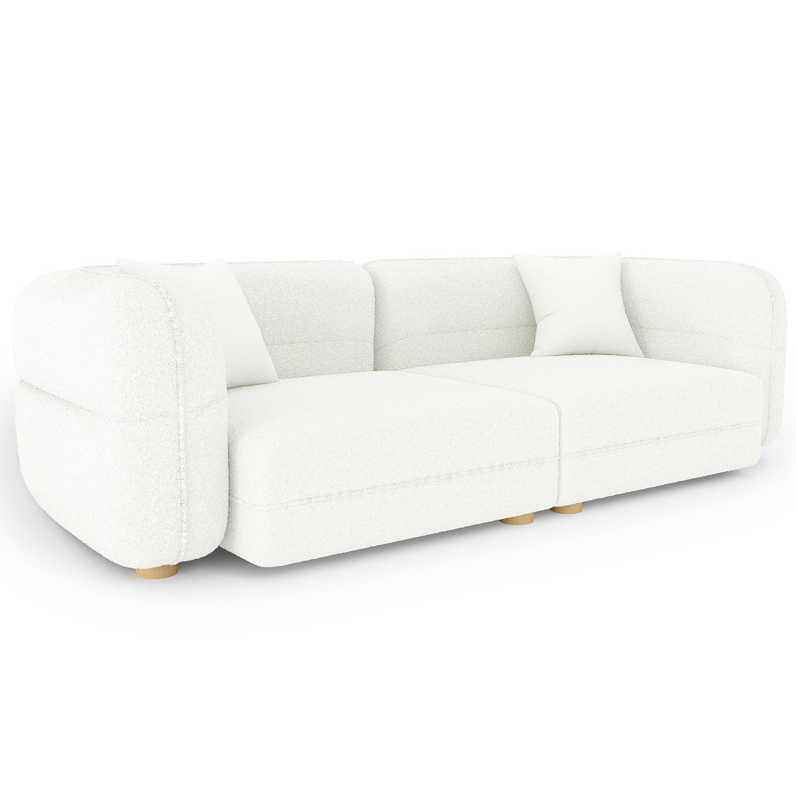 Kaelyn 3 Seater Modular Boucle Sofa with Pillows in Cream, featuring a low-profile design, white bouclé upholstery, gently rounded armrests, short wooden legs, and two matching throw pillows.