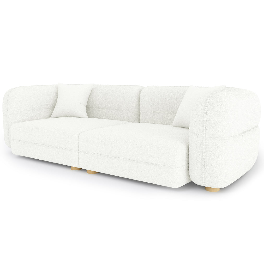 Kaelyn 3 Seater Modular Boucle Sofa with Pillows in Cream features a modern, low-profile design with two modular sections, white bouclé upholstery, rounded arms, wooden legs, and matching throw pillows.