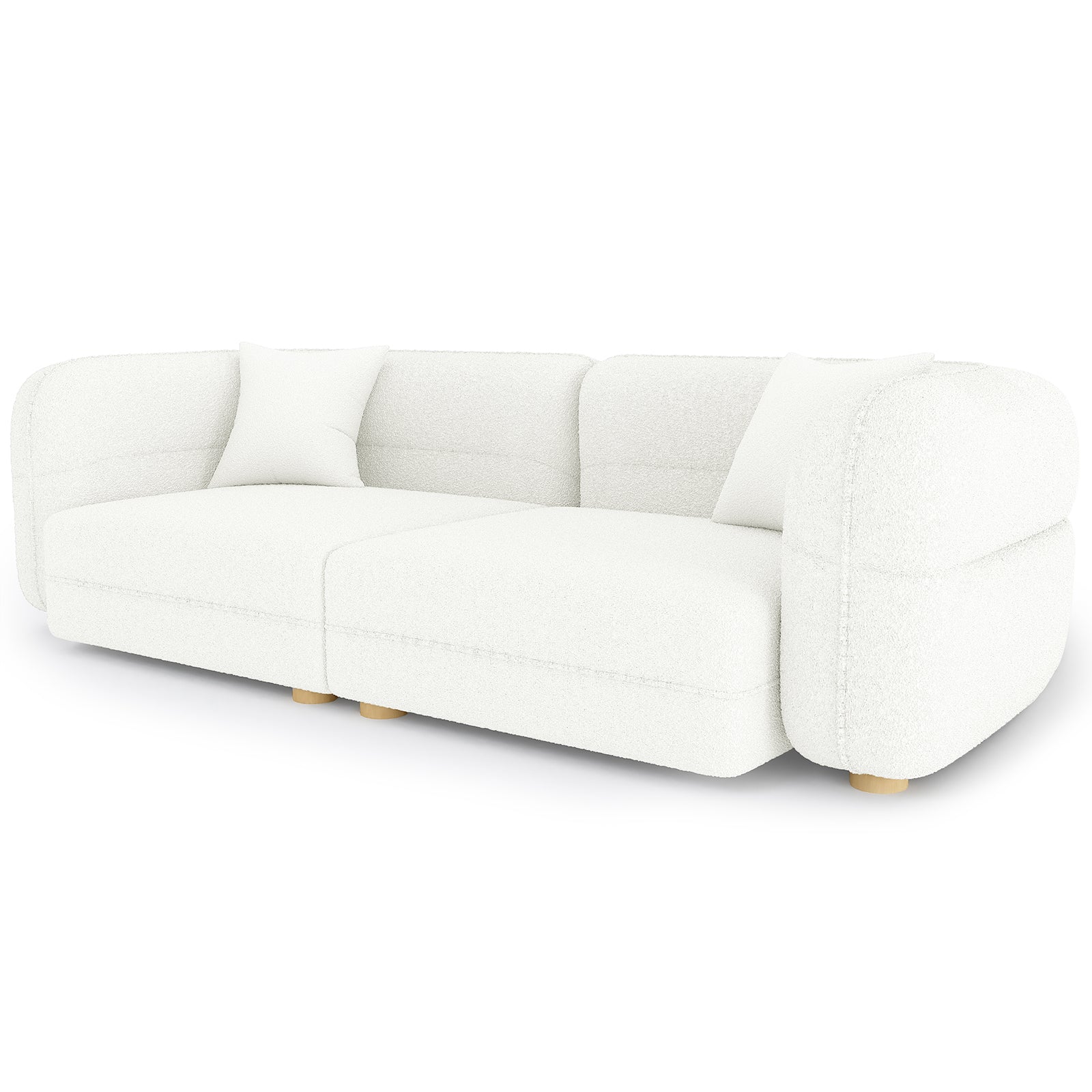 Kaelyn 3 Seater Modular Boucle Sofa with Pillows in Cream features a modern, low-profile design with two modular sections, white bouclé upholstery, rounded arms, wooden legs, and matching throw pillows.