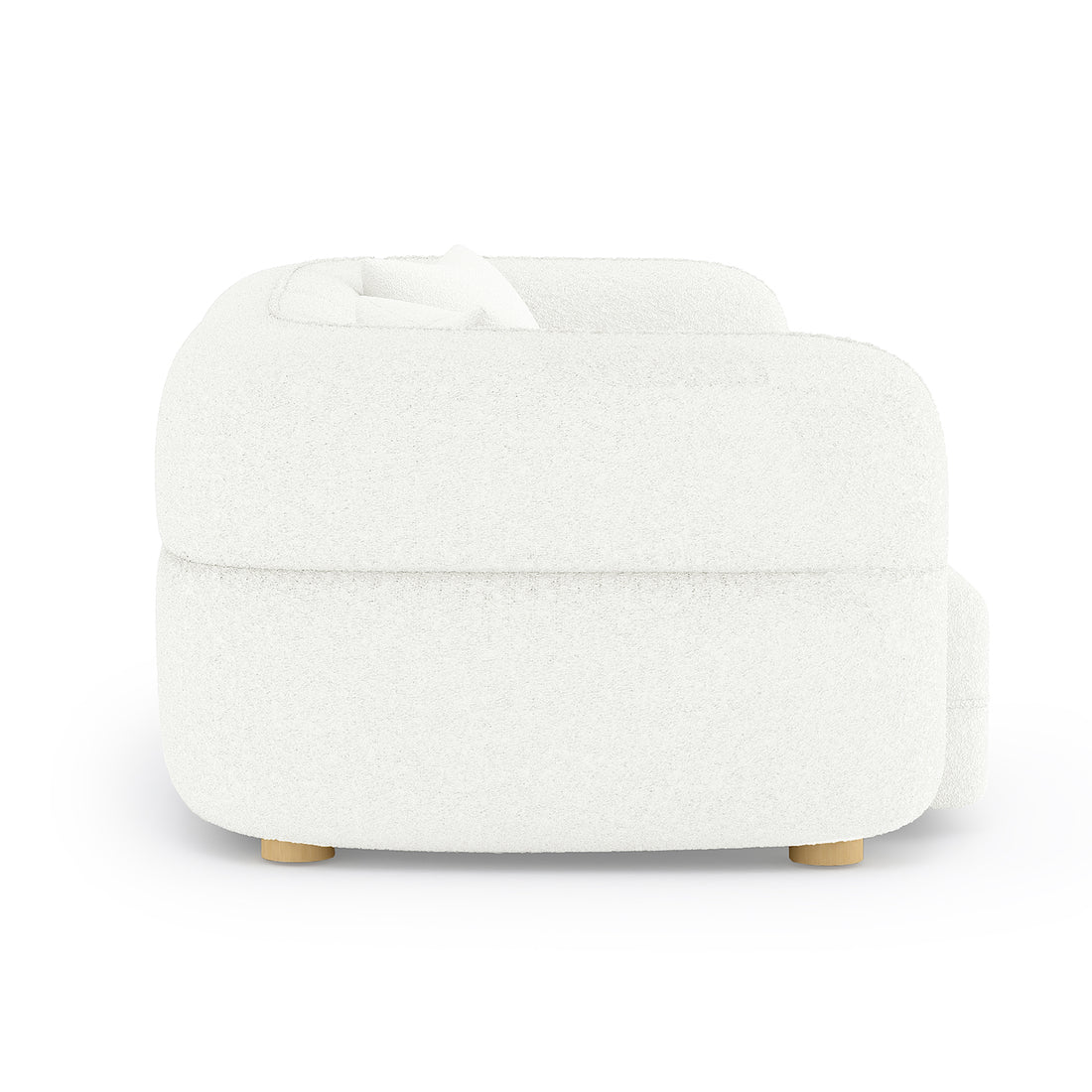 Kaelyn 3 Seater Modular Boucle Sofa with Pillows in Cream features a low-profile, rounded design with white boucle upholstery, thick cushioned back and seat, and short cylindrical wooden legs.