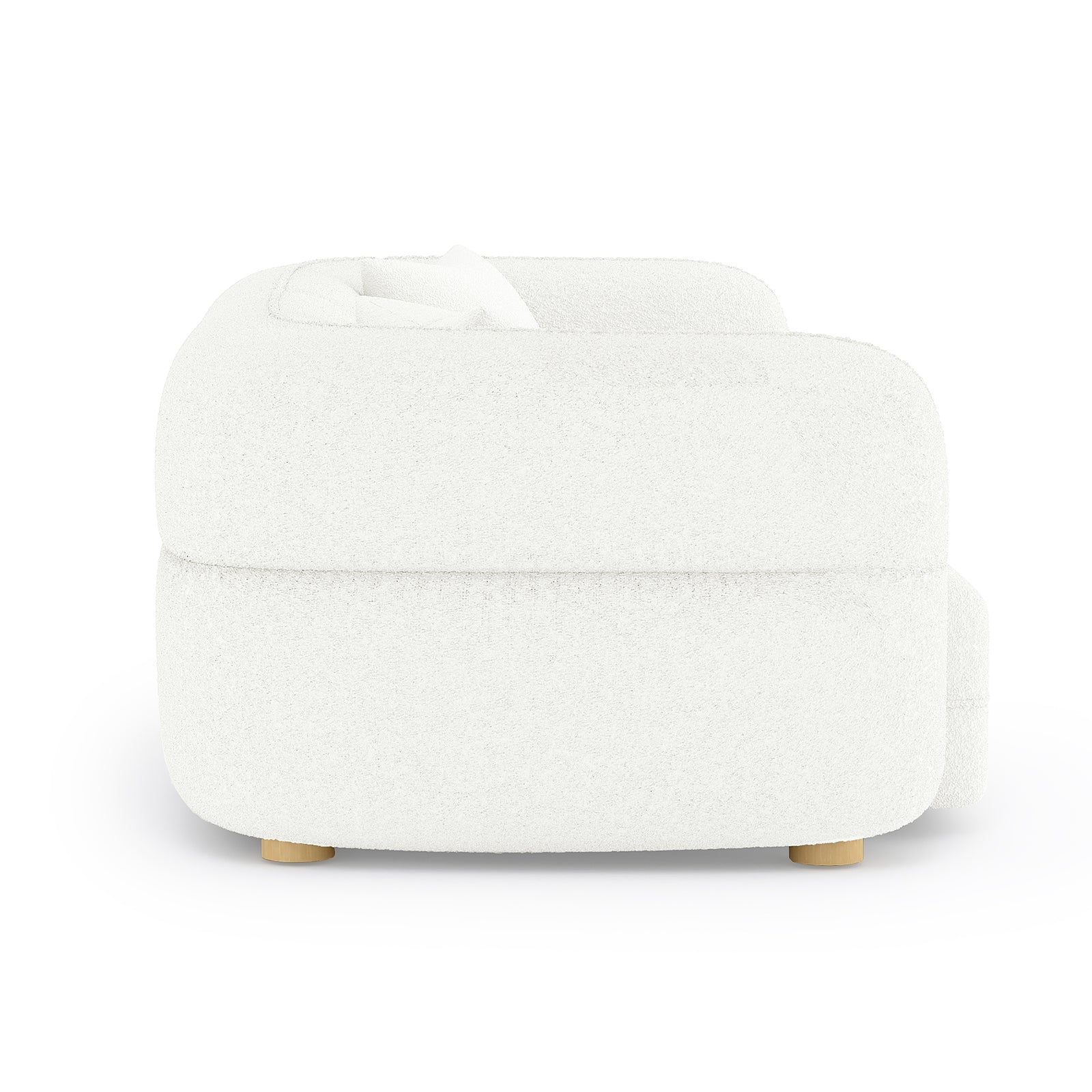 Kaelyn 3 Seater Modular Boucle Sofa with Pillows in Cream features a low-profile, rounded design with white boucle upholstery, thick cushioned back and seat, and short cylindrical wooden legs.