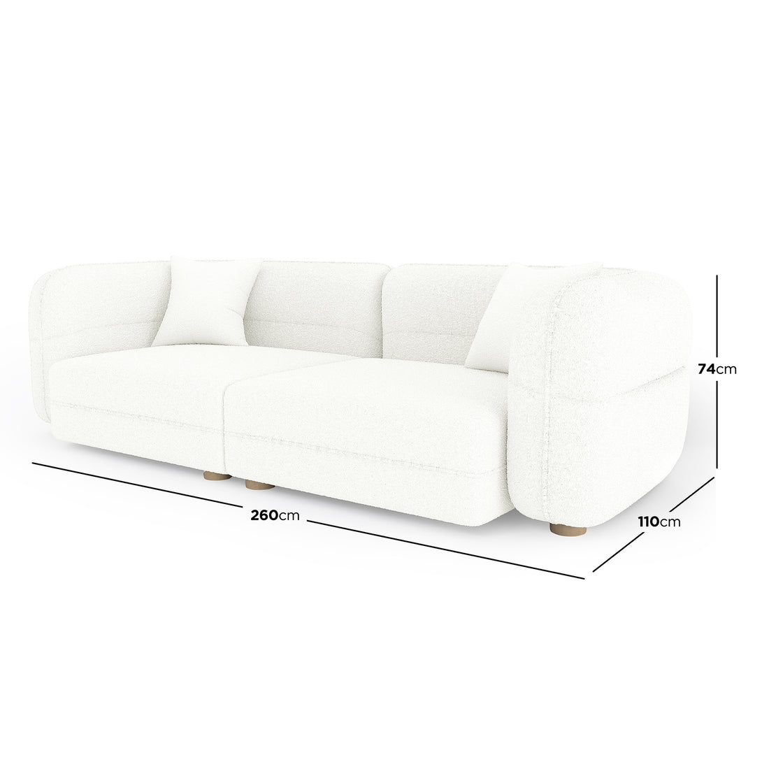 Kaelyn 3 Seater Modular Boucle Sofa with Pillows in Cream, featuring a modern, low-profile design with softly rounded edges and two matching throw pillows, measuring 260cm wide by 110cm deep.