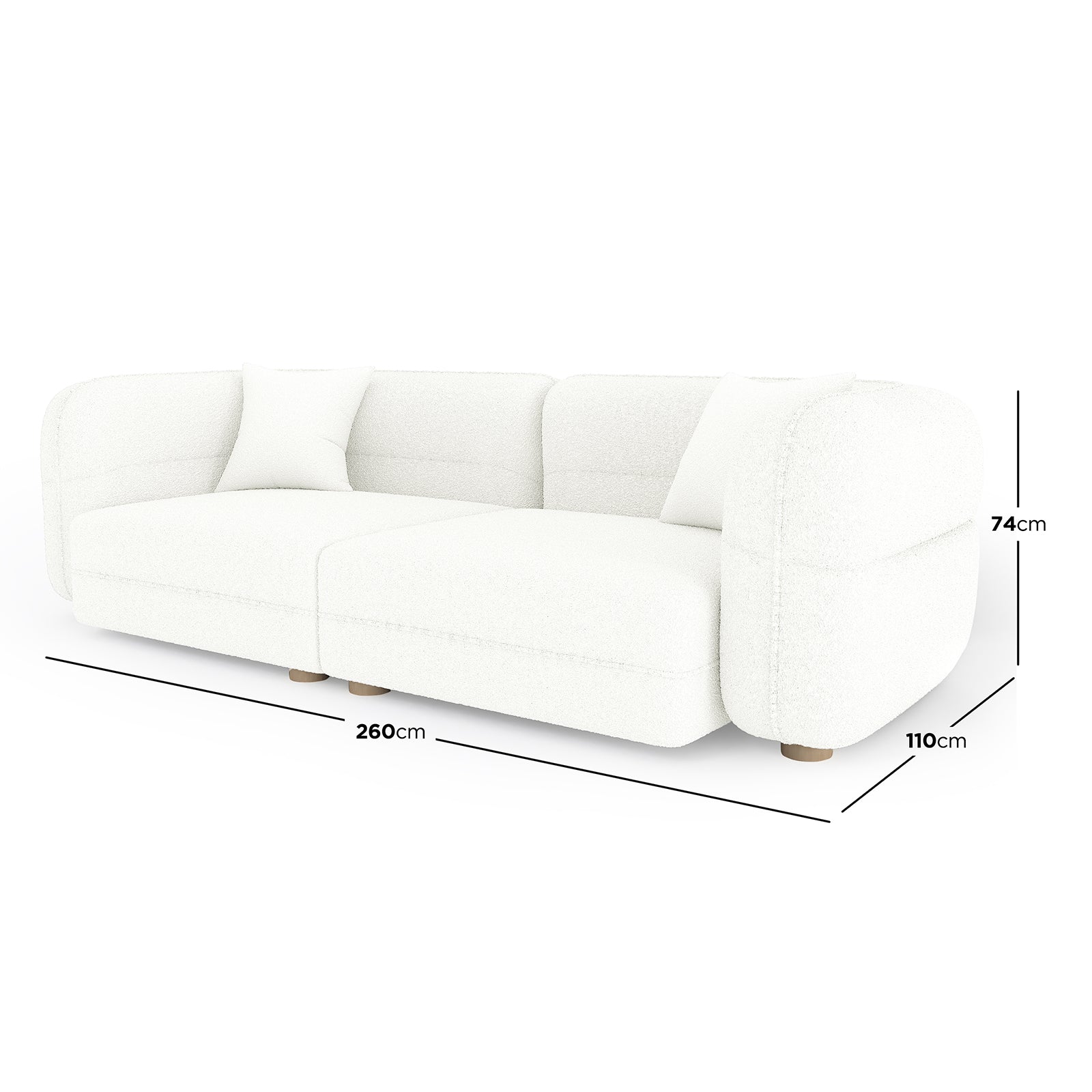Kaelyn 3 Seater Modular Boucle Sofa with Pillows in Cream, featuring a modern, low-profile design with softly rounded edges and two matching throw pillows, measuring 260cm wide by 110cm deep.