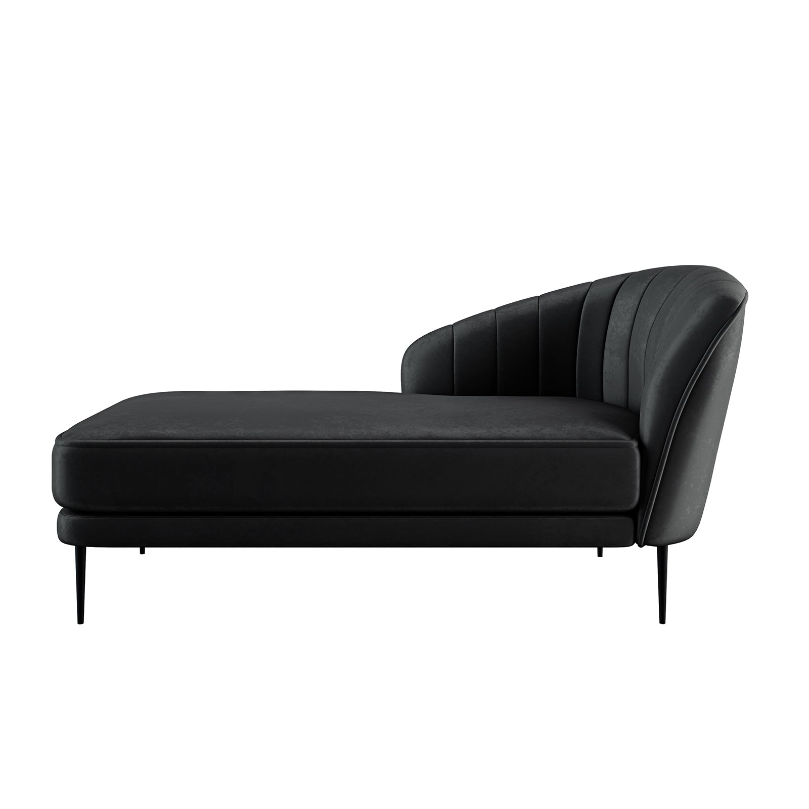 Kaj Velvet Daybed with Left Armrest in Black; features a low cushioned seat, a curved channel-tufted backrest, and slender metal legs, offering a sleek and modern design for versatile lounging.