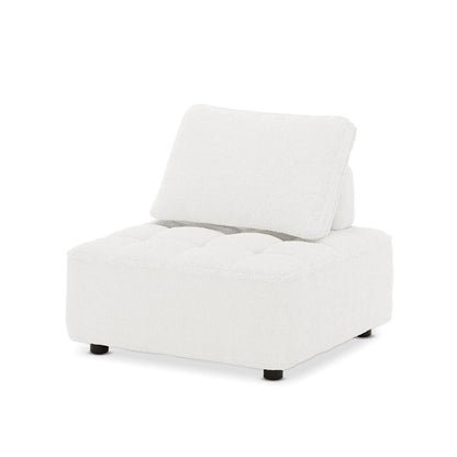 Kazumi Boucle Modular Single Sofa Chair in Cream White, featuring soft boucle upholstery, tufted seat, loose back cushion, and round black feet, ideal for modern, flexible living spaces.