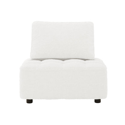 Kazumi Boucle Modular Single Sofa Chair in Cream White, featuring armless design with tufted fabric, low rectangular base, matching back cushion, and small black feet, ideal for modern living spaces.