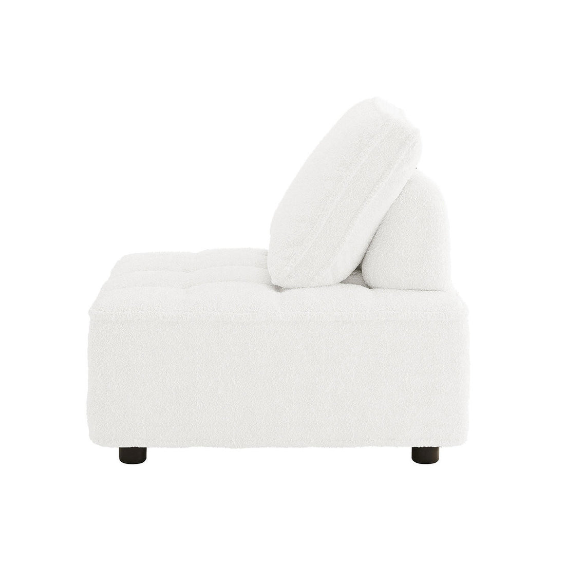 Kazumi Boucle Modular Single Sofa Chair in Cream White, featuring armless design, tufted seat, reclined back cushion, boucle fabric, and short black cylindrical legs for modern living spaces.