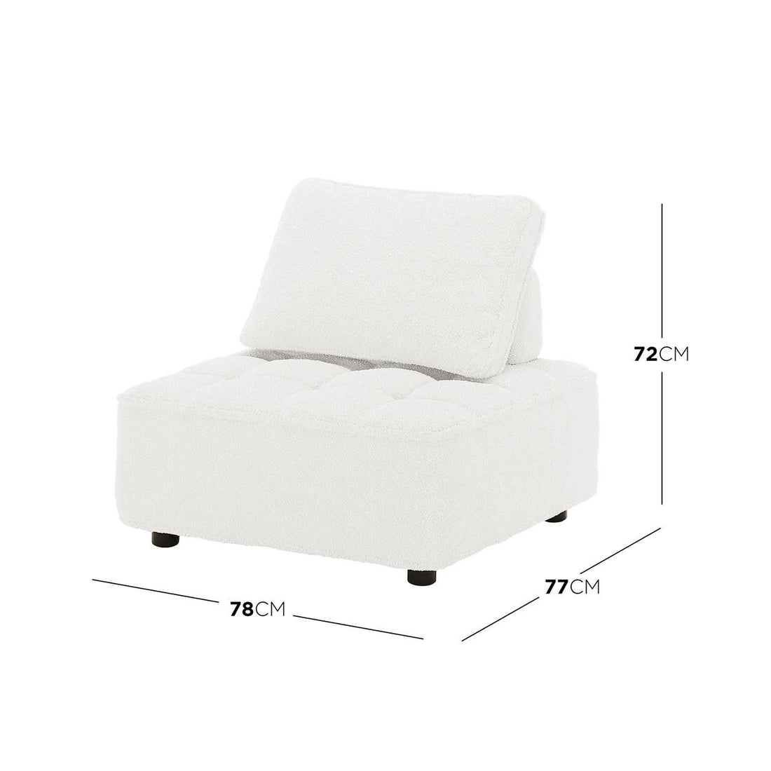 Kazumi Boucle Modular Single Sofa Chair in Cream White, featuring armless design, soft boucle fabric, tufted seat cushion, reclined back, and black cylindrical feet, ideal for modern living spaces.