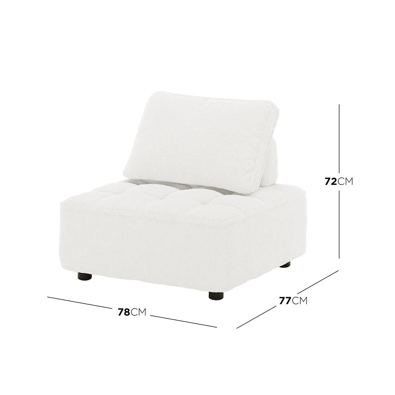 Kazumi Boucle Modular Single Sofa Chair in Cream White, featuring armless design, soft boucle fabric, tufted seat cushion, reclined back, and black cylindrical feet, ideal for modern living spaces.