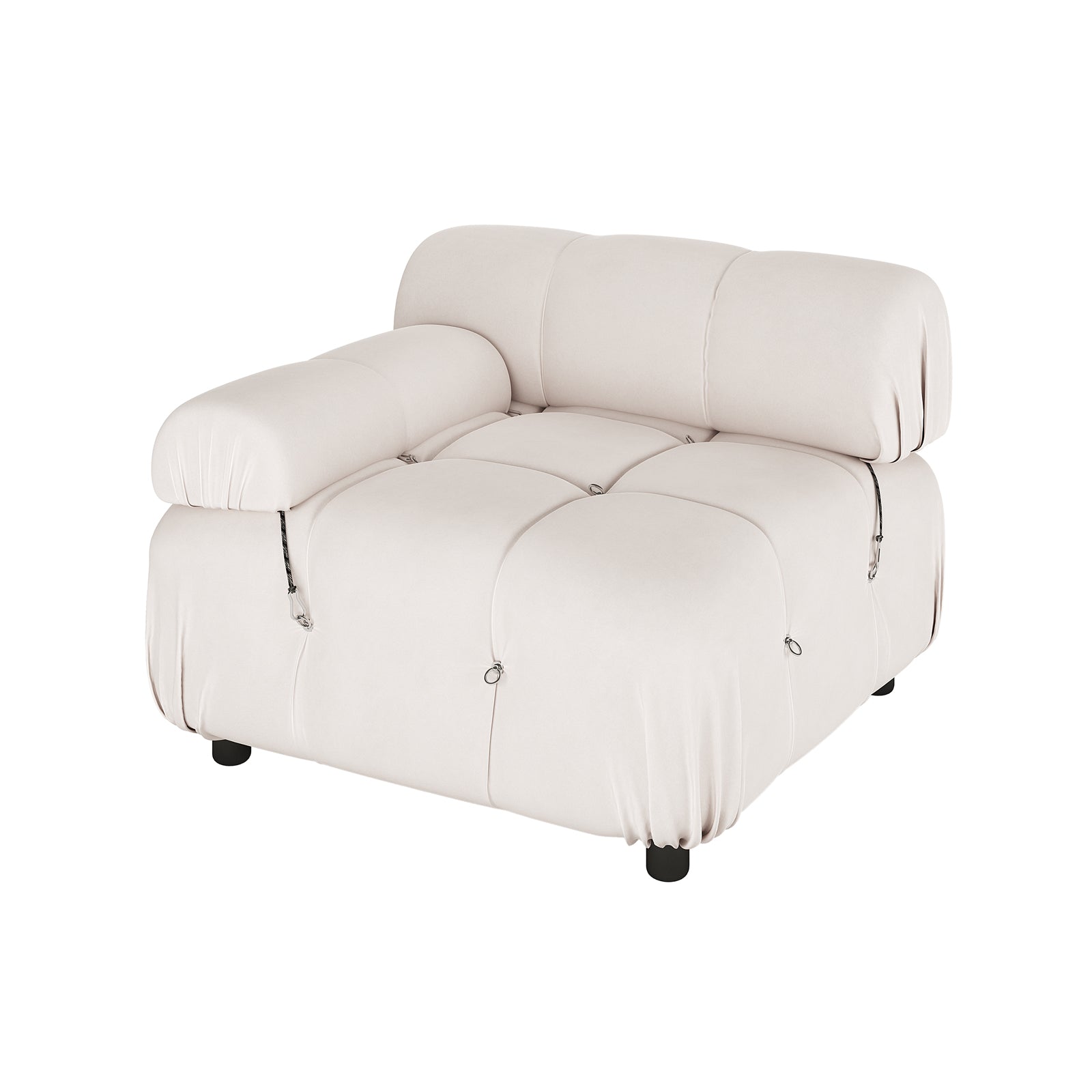 Keila 3 Seater Modular Tufted Sofa with Ottoman in Cream features soft, tufted off-white fabric with metal loops and cords, one rounded armrest, and short black legs for a contemporary look.