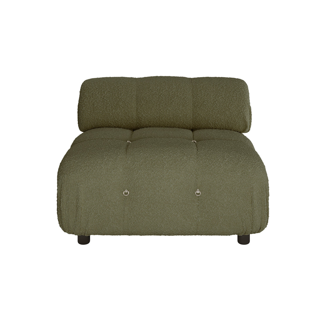Keila 3 Seater Modular Tufted Boucle Sofa Set in Green, featuring a low-slung armless module with moss-olive bouclé fabric, chunky tufted cushion, metal ring-pull accents, and short dark legs.