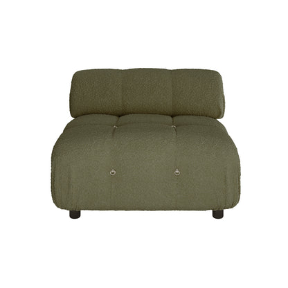 Keila 3 Seater Modular Tufted Boucle Sofa Set in Green, featuring a low-slung armless module with moss-olive bouclé fabric, chunky tufted cushion, metal ring-pull accents, and short dark legs.