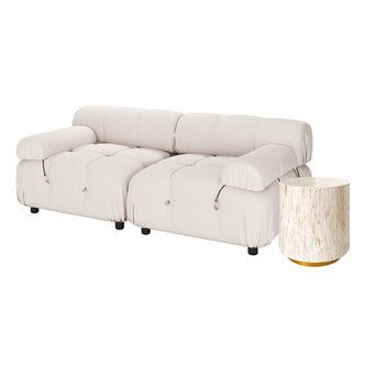 Keila 2 Seater Sofa & Side Table Package in Cream Velvet features a plush, tufted sofa with rounded armrests, paired with a decorative mother-of-pearl inlay side table on a metallic base.