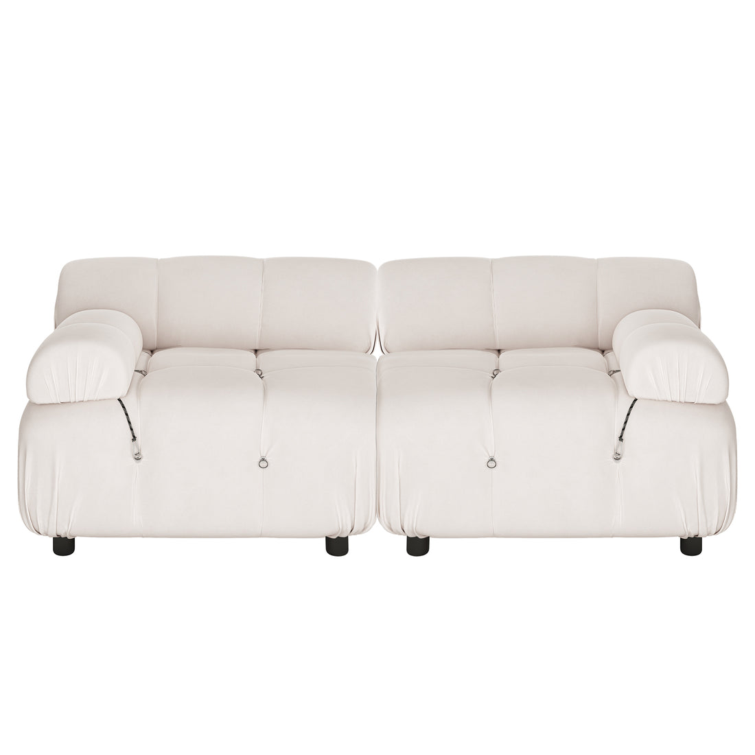 Keila 2 Seater Sofa & Side Table Package in Cream Velvet features a low-profile, two-seat sofa with deep, tufted cushions, wide rolled armrests, and decorative metal rings, paired with a mother-of-pearl inlay side table.