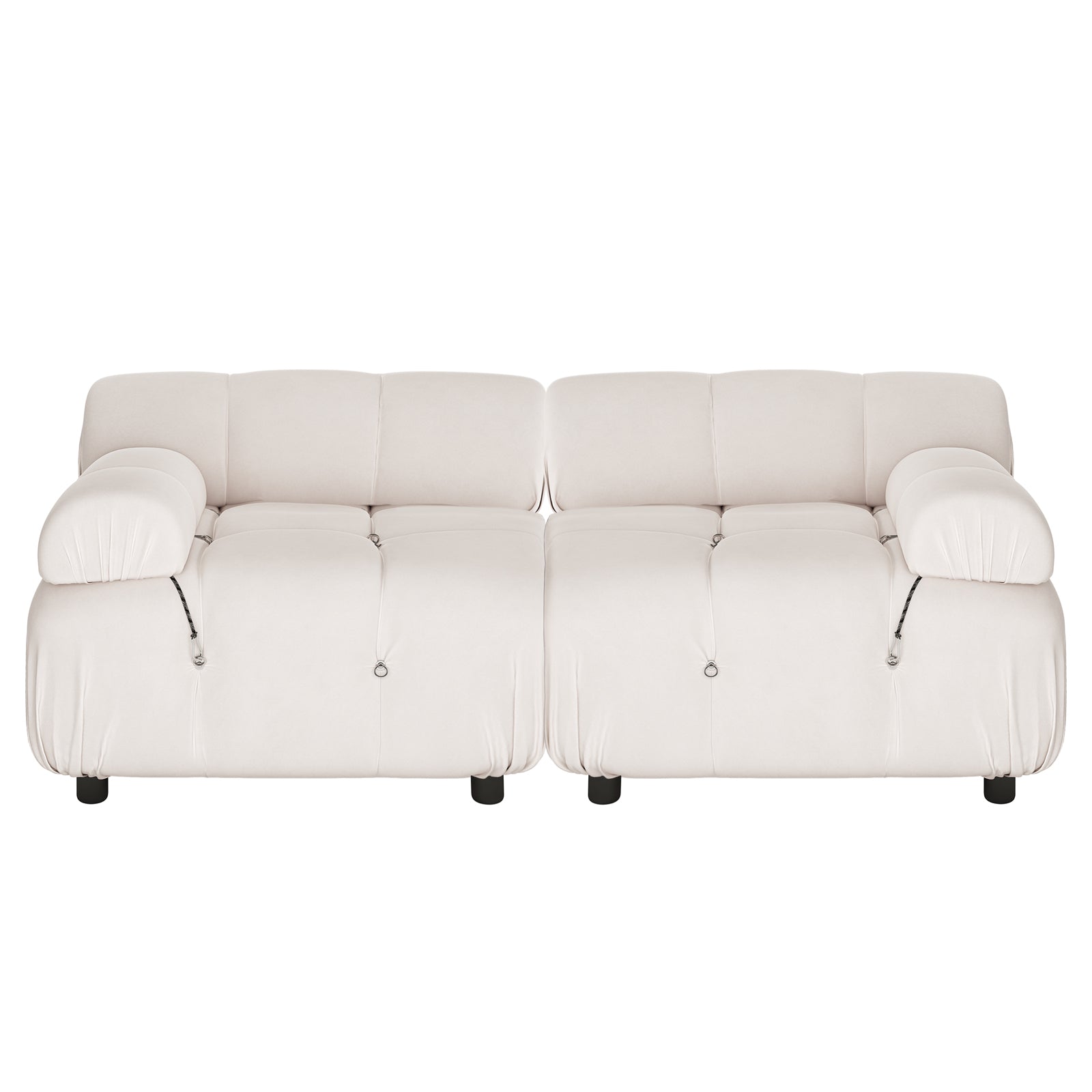 Keila 2 Seater Sofa & Side Table Package in Cream Velvet features a low-profile, two-seat sofa with deep, tufted cushions, wide rolled armrests, and decorative metal rings, paired with a mother-of-pearl inlay side table.
