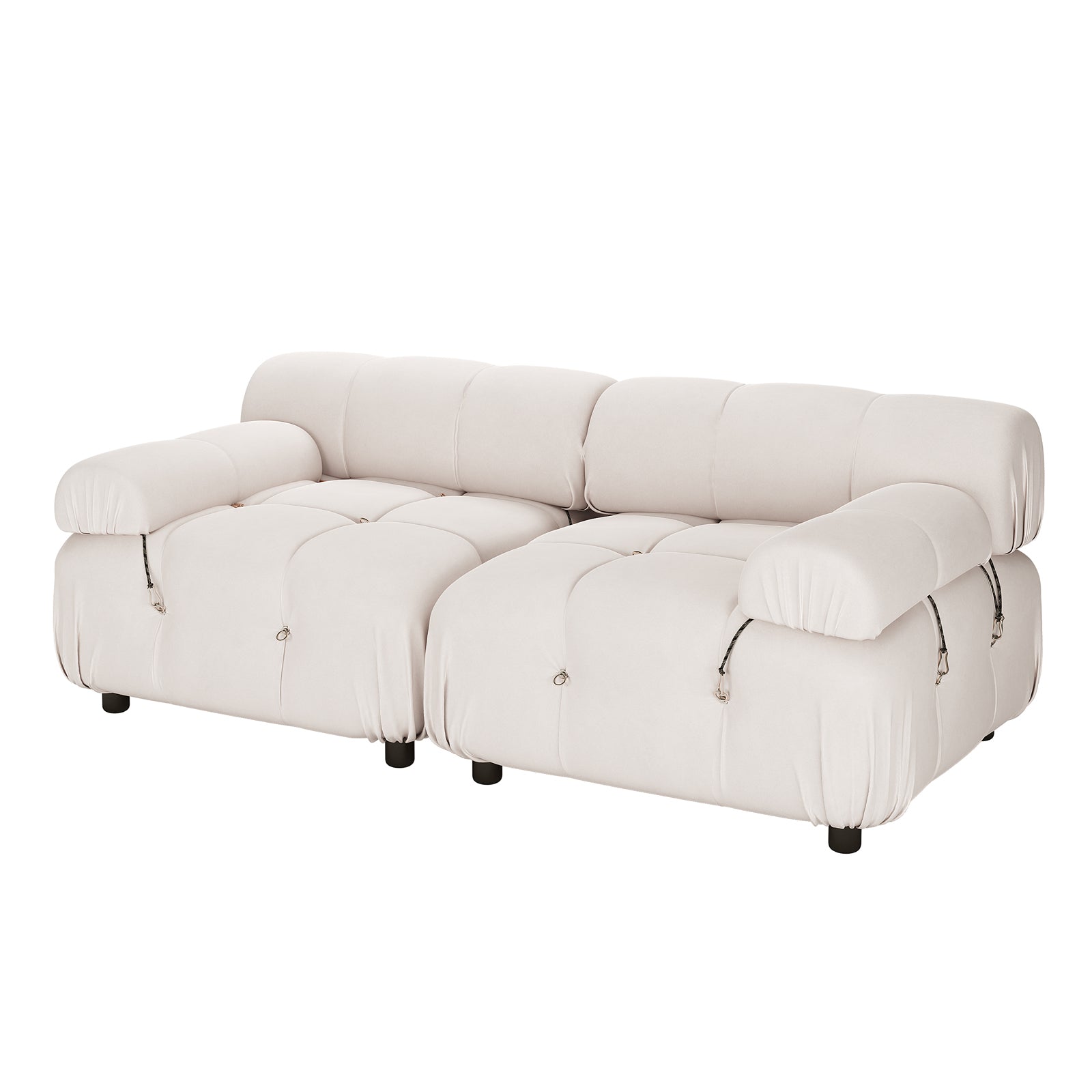 Keila 2 Seater Sofa & Side Table Package in Cream Velvet, featuring a low-slung, modular design with deep tufted cushions and black cylindrical legs, complemented by tie-cord seam accents.