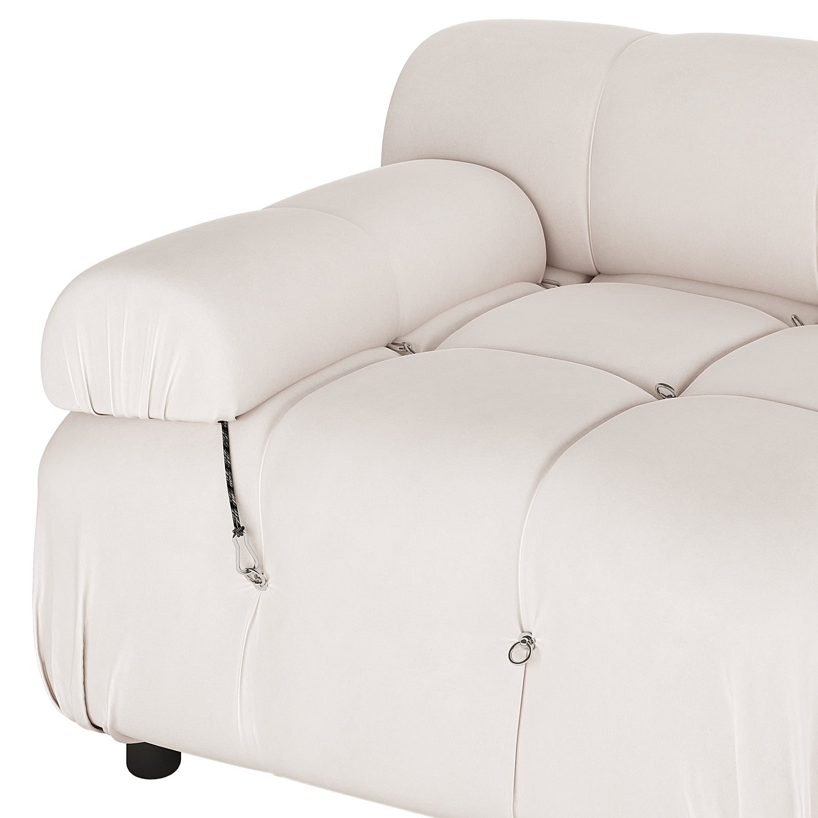 Close-up of Keila 2 Seater Sofa & Side Table Package in Cream Velvet, featuring tufted cushions, cloud-style padding, cushioned armrest, metal rings, cord-toggles, and a modular, low-profile design.