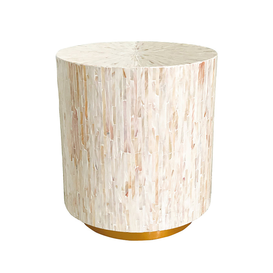 Keila 2 Seater Sofa & Side Table Package in Cream Velvet features a small cylindrical side table with ivory-colored mother-of-pearl tiles and a gold-toned base, elegantly complementing the sofa.