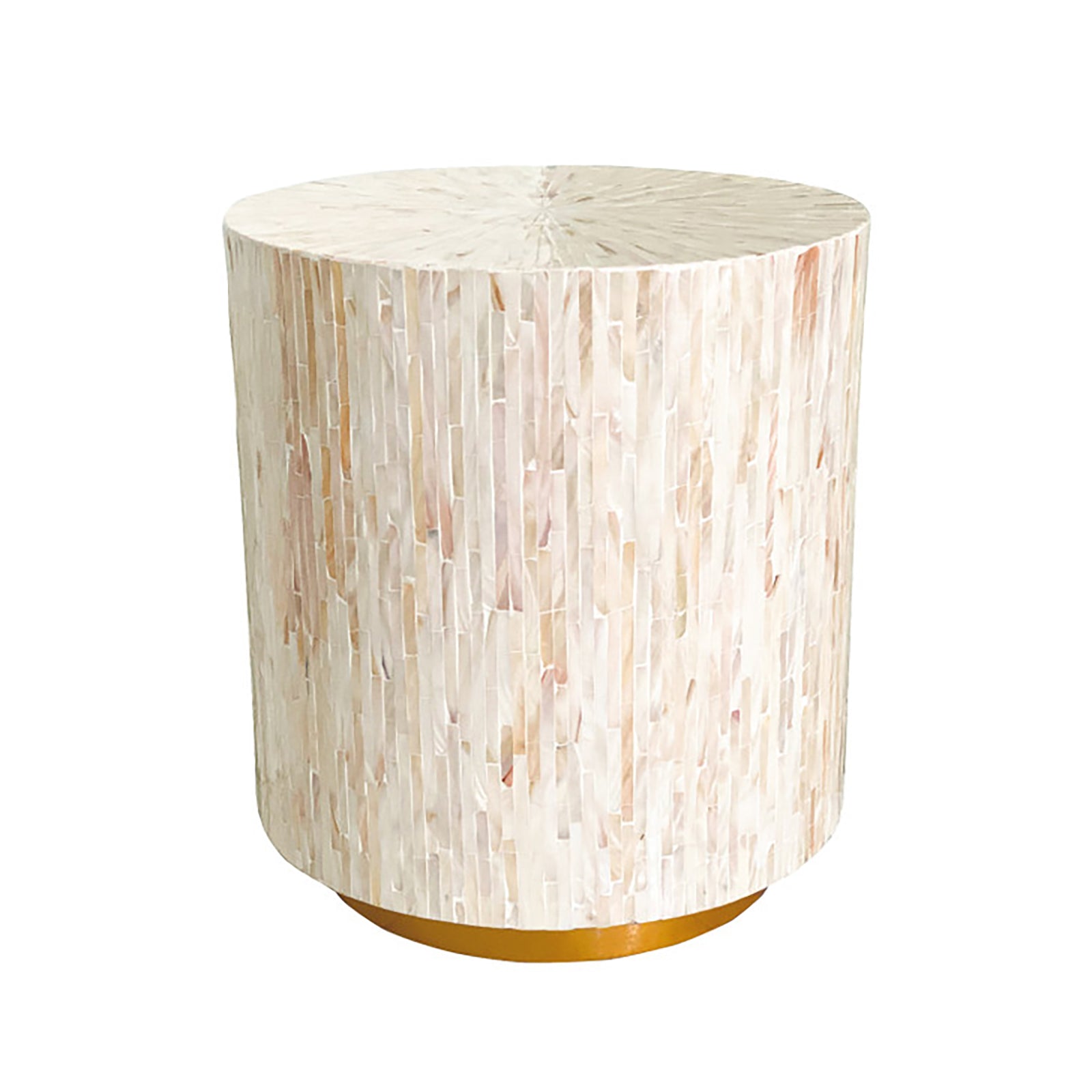 Keila 2 Seater Sofa & Side Table Package in Cream Velvet features a small cylindrical side table with ivory-colored mother-of-pearl tiles and a gold-toned base, elegantly complementing the sofa.