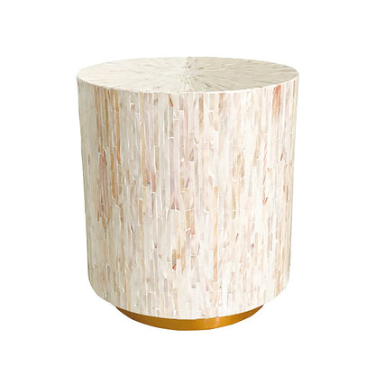 Keila 2 Seater Sofa & Side Table Package in Cream Velvet features a small cylindrical side table with ivory-colored mother-of-pearl tiles and a gold-toned base, elegantly complementing the sofa.