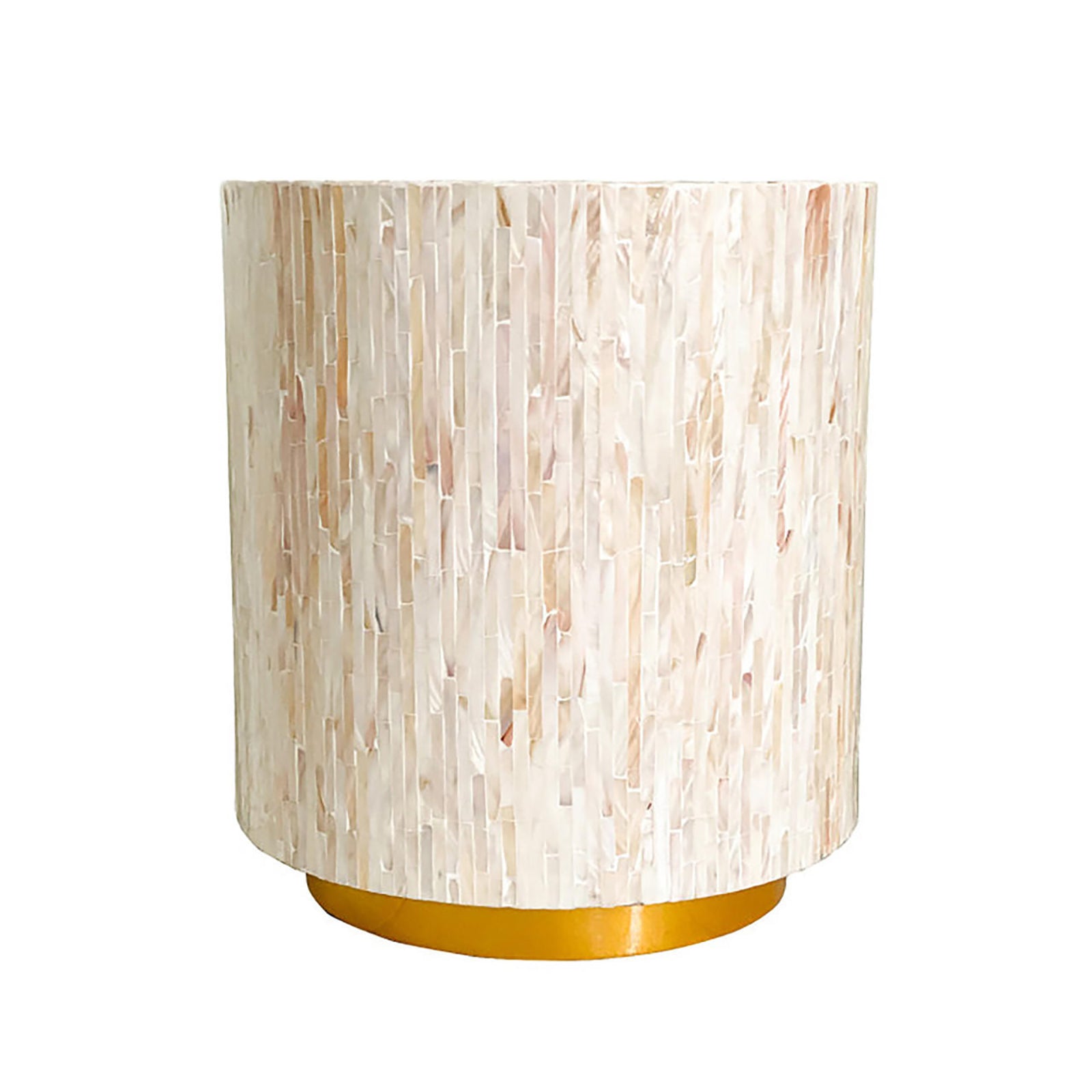 Keila 2 Seater Sofa & Side Table Package in Cream Velvet featuring a small, cylindrical side table with a mother-of-pearl mosaic and gold base, complementing the luxurious tufted velvet sofa.