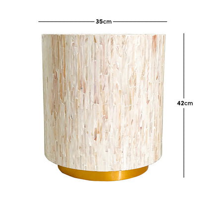 Keila 2 Seater Sofa & Side Table Package in Cream Velvet features a small, cylindrical accent table with mother-of-pearl-style tile inlays, resting on a slim, gold-coloured metal base.
