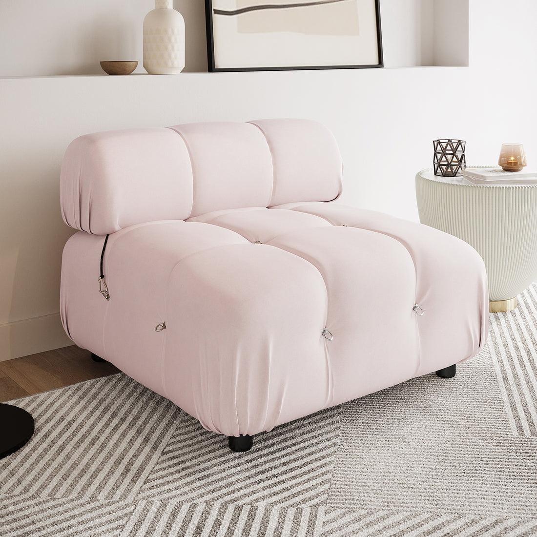 Keila Single Seater Modular Tufted Velvet Sofa - Soft Pink - Lifestyle