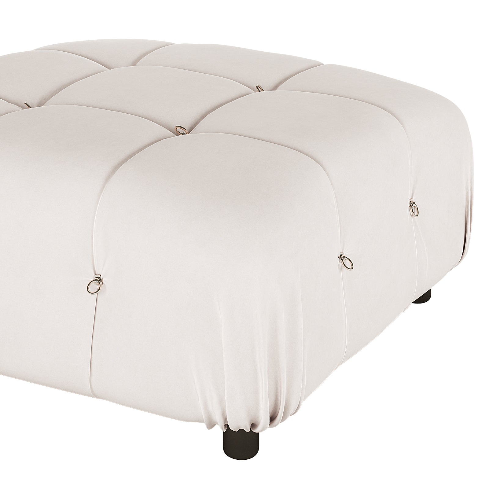 Keila Modular Tufted Velvet Ottoman in Soft Pink, featuring a square shape, tufted velvet upholstery with buttoning and metal ring details, atop short black feet, showcasing modern luxury and functionality.
