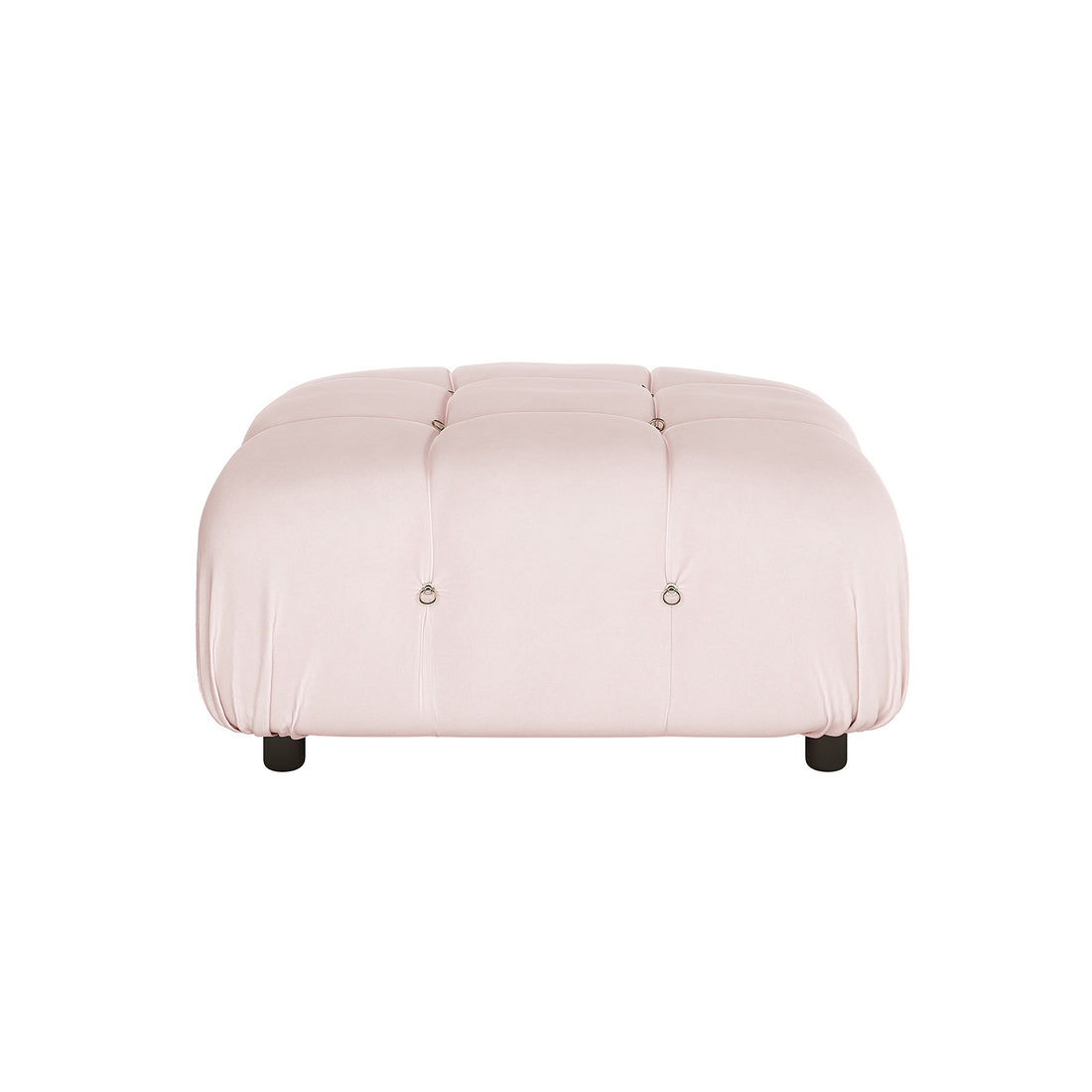 Keila Modular Tufted Ottoman in Velvet showcases a square design with grid-patterned tufts, each accented by a metal button, resting on four short black feet.