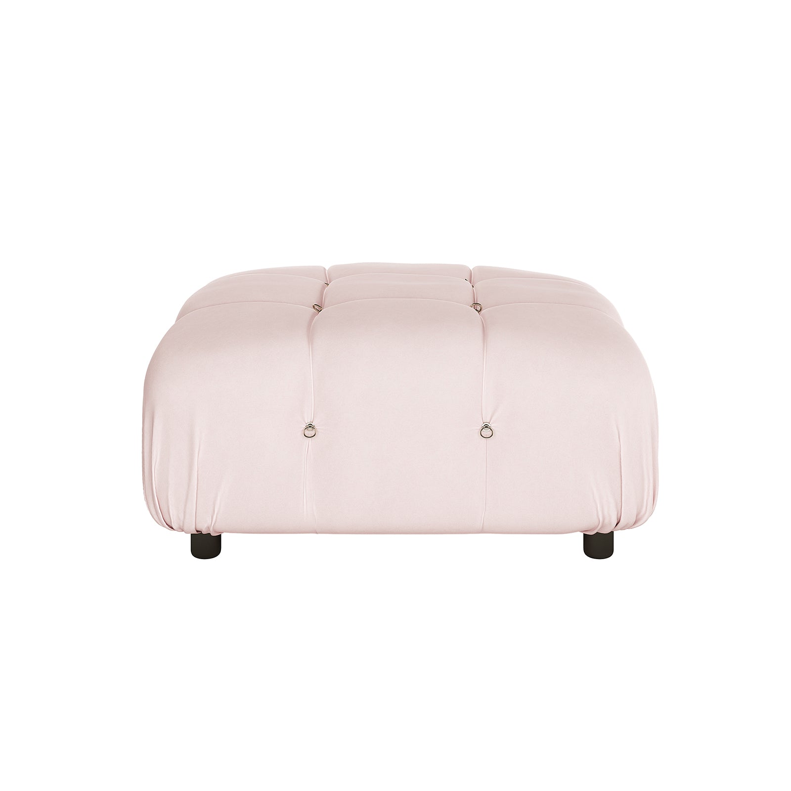 Keila Modular Tufted Ottoman in Velvet showcases a square design with grid-patterned tufts, each accented by a metal button, resting on four short black feet.