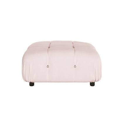 Keila Modular Tufted Ottoman in Velvet showcases a square design with grid-patterned tufts, each accented by a metal button, resting on four short black feet.