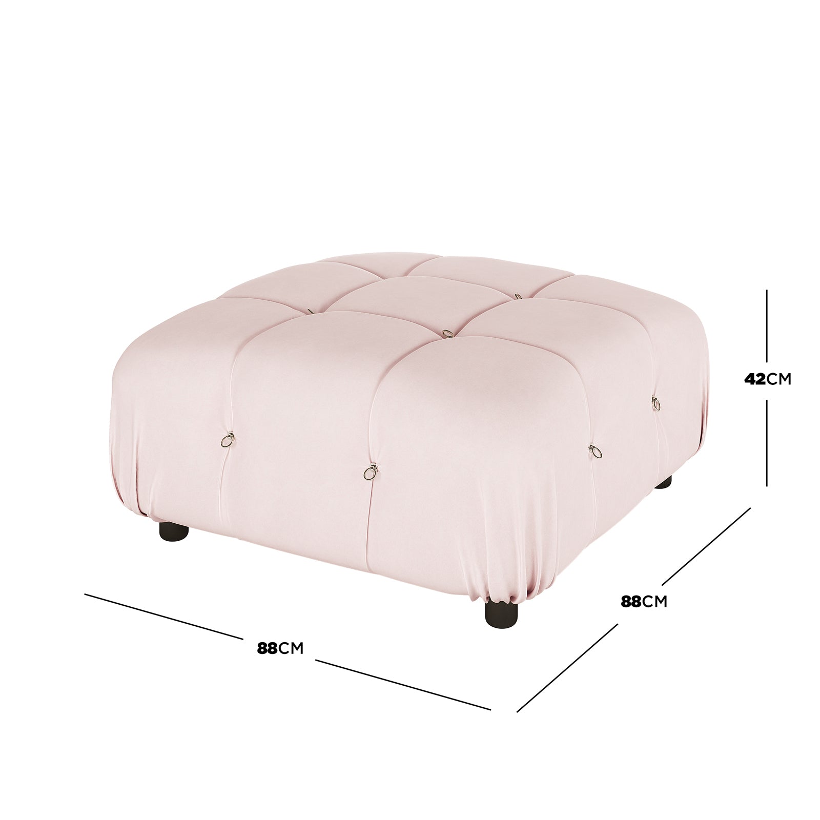 Keila Modular Tufted Velvet Ottoman in Cream Velvet features a square design with 3x3 tufting and metal-ring buttons, supported by four black feet, offering a luxurious, versatile addition to any space.