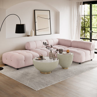 Keila 3 Seater L-Shape Modular Velvet Corner Sofa Set - Soft Pink - Lifestyle