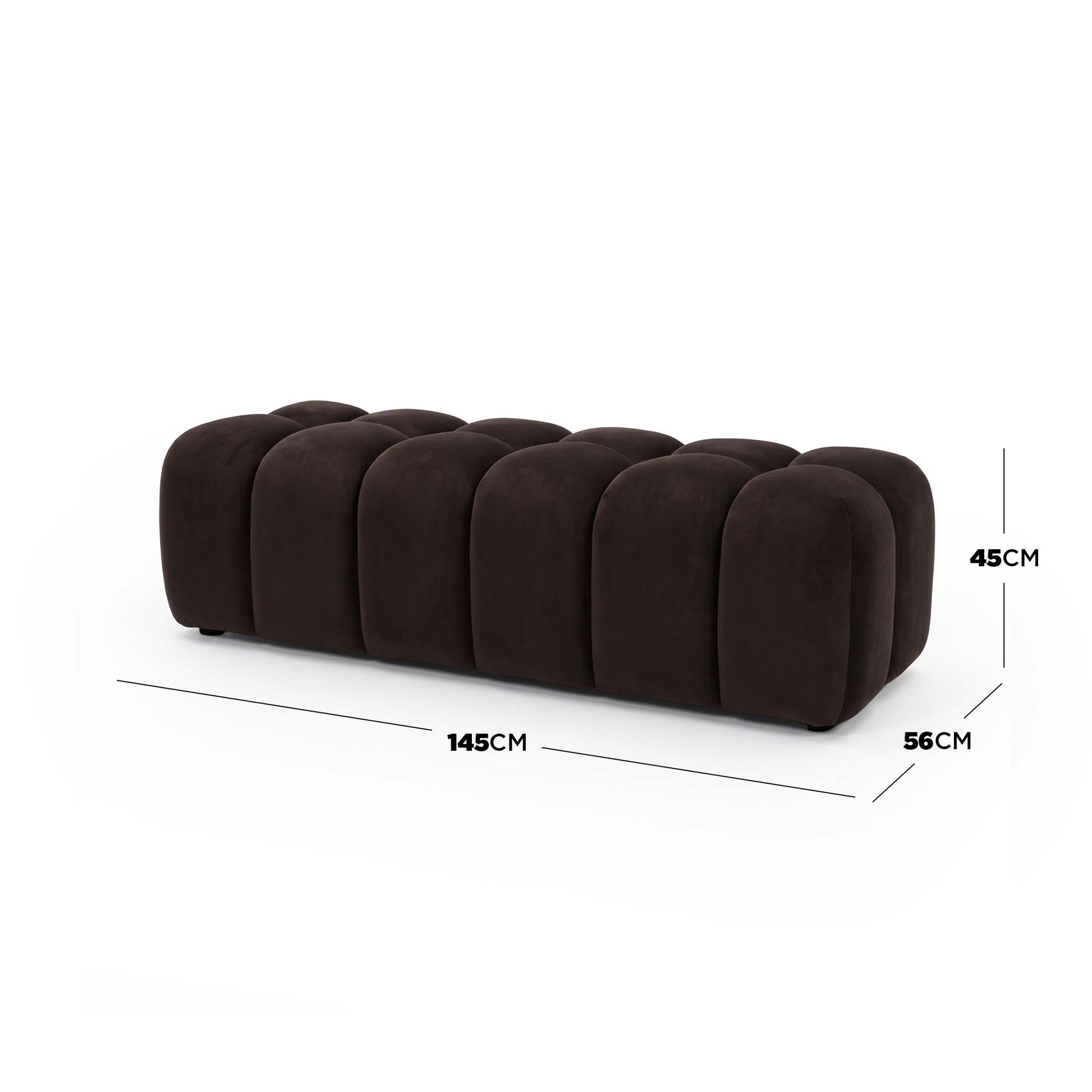Chocolate brown upholstered bench on a white background with dimensions labeled.